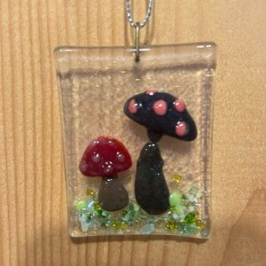 Fused glass iridescent mushroom ornament